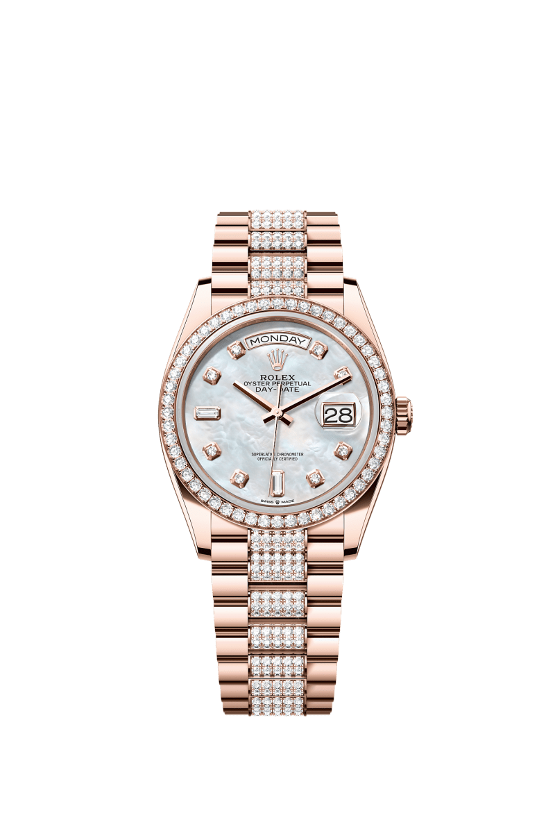 ROLEX DAY-DATE 36MM EVEROSE GOLD MOTHER OF PEARL DIAMOND DIAL DIAMOND BEZEL DIAMOND-SET PRESIDENT BRACELET 128345RBR