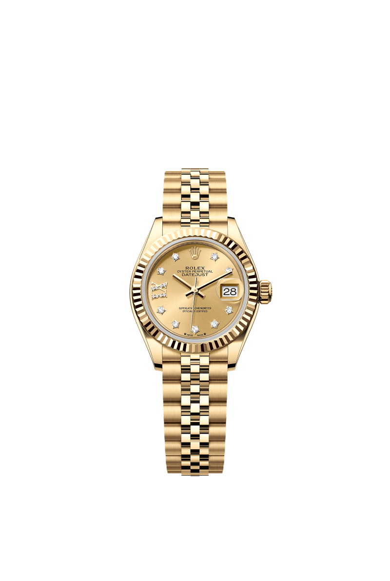 ROLEX LADY-DATEJUST 28MM YELLOW GOLD CHAMPAGNE STAR DIAMOND DIAL FLUTED BEZEL JUBILEE BRACELET 279178
