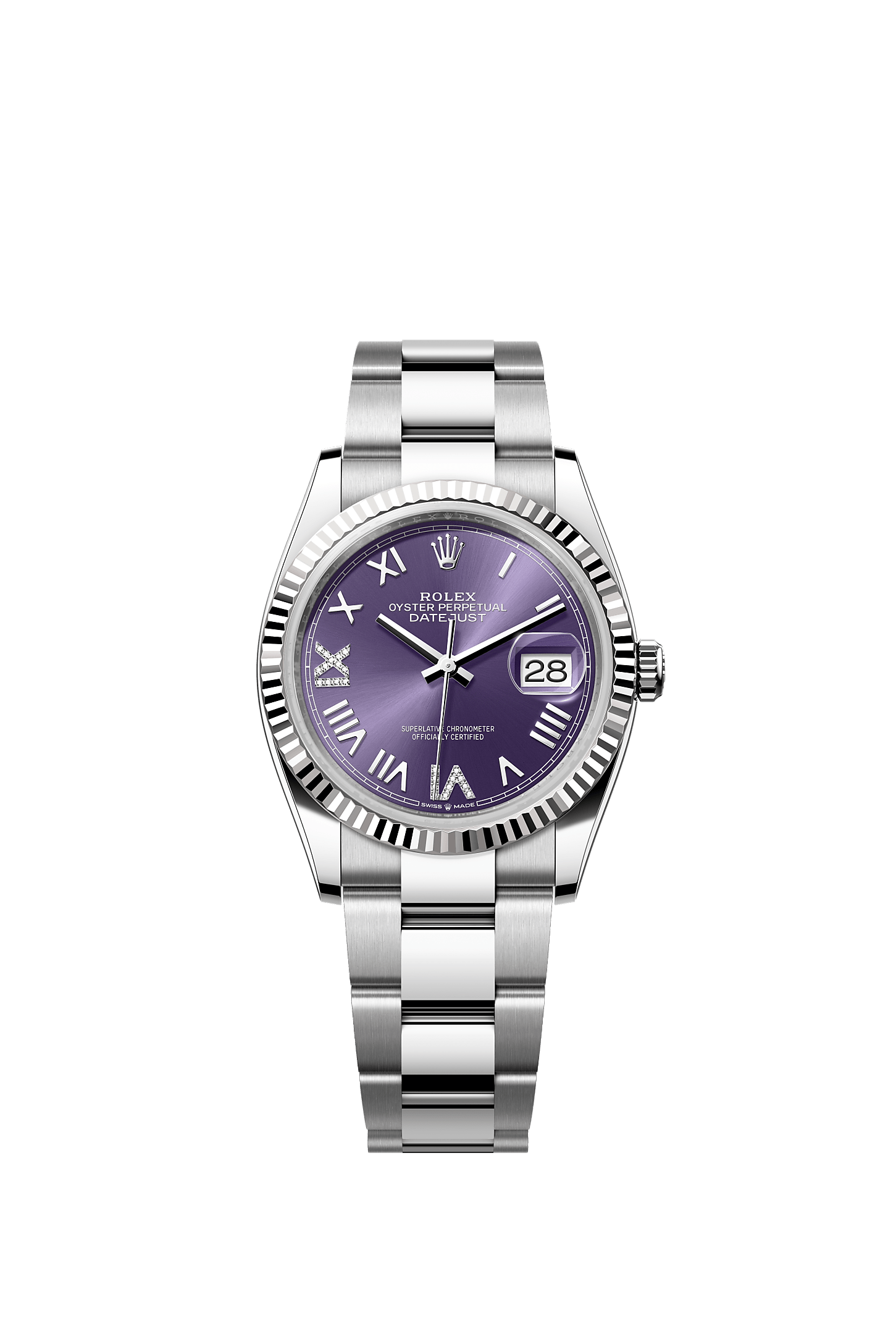ROLEX DATEJUST 36 AUBERGINE ROMAN DIAMOND DIAL FLUTED BEZEL OYSTER BRACELET 126234