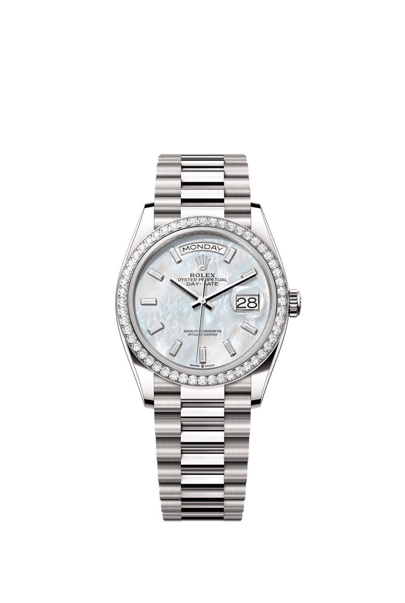 ROLEX DAY-DATE 36MM WHITE GOLD MOTHER OF PEARL DIAMOND BAGUETTE DIAL DIAMOND BEZEL PRESIDENT BRACELET 128349RBR