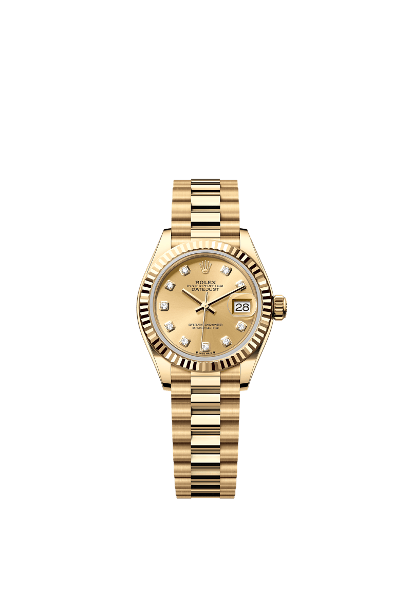 ROLEX LADY-DATEJUST 28MM YELLOW GOLD CHAMPAGNE DIAMOND DIAL FLUTED BEZEL PRESIDENT BRACELET 279178