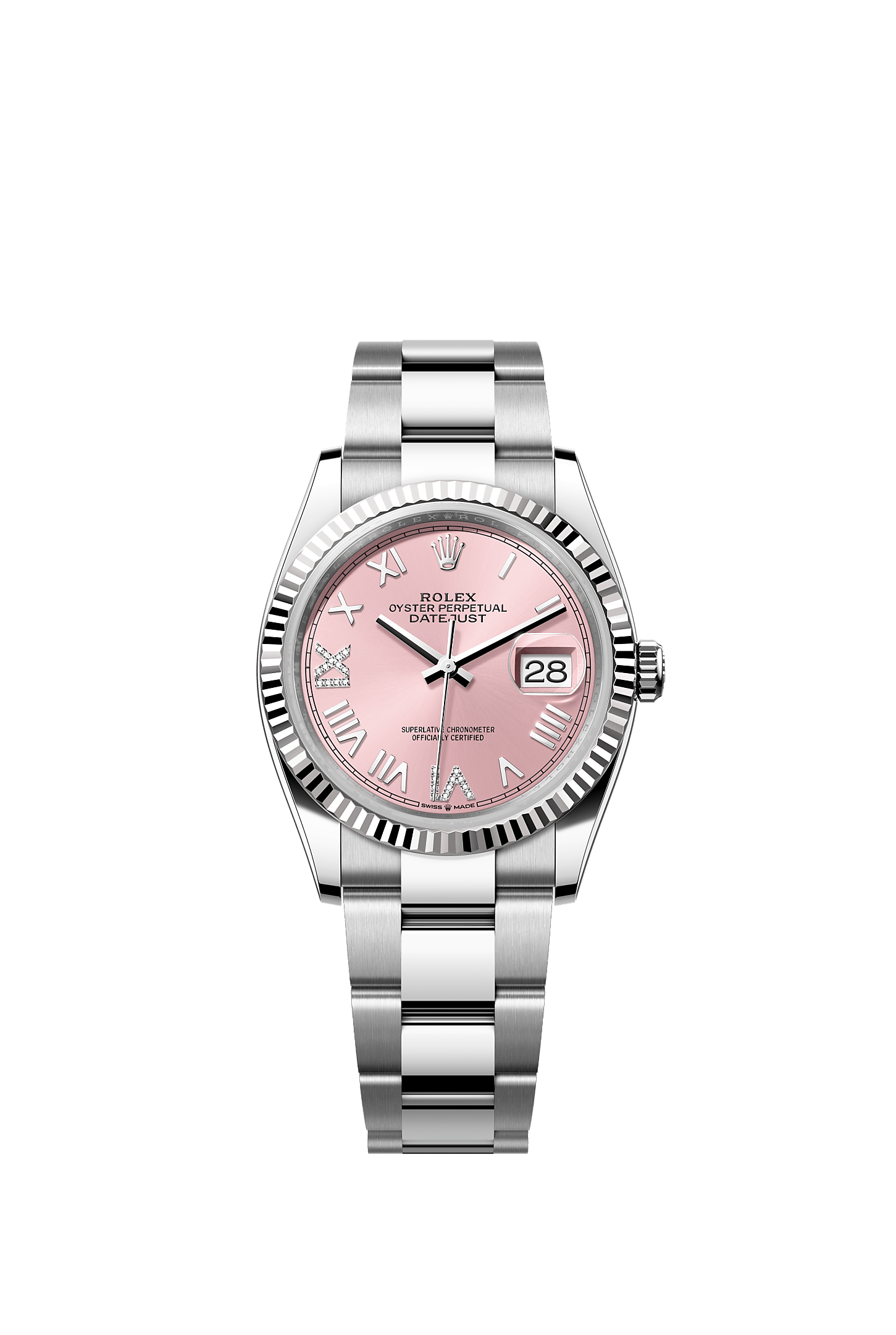 ROLEX DATEJUST 36 PINK ROMAN DIAMOND DIAL FLUTED BEZEL OYSTER BRACELET 126234