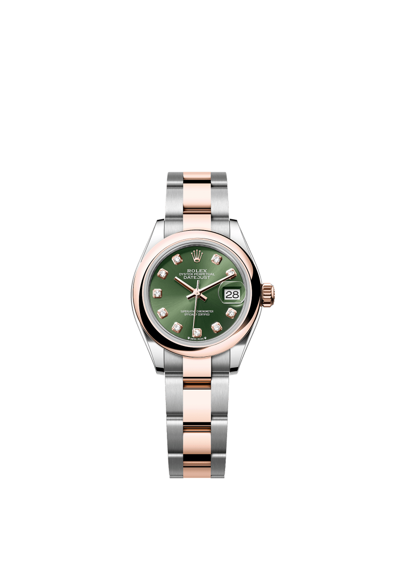 ROLEX LADY-DATEJUST 28MM TWO-TONE EVEROSE GOLD OLIVE GREEN DIAMOND DIAL DOMED BEZEL OYSTER BRACELET 279161