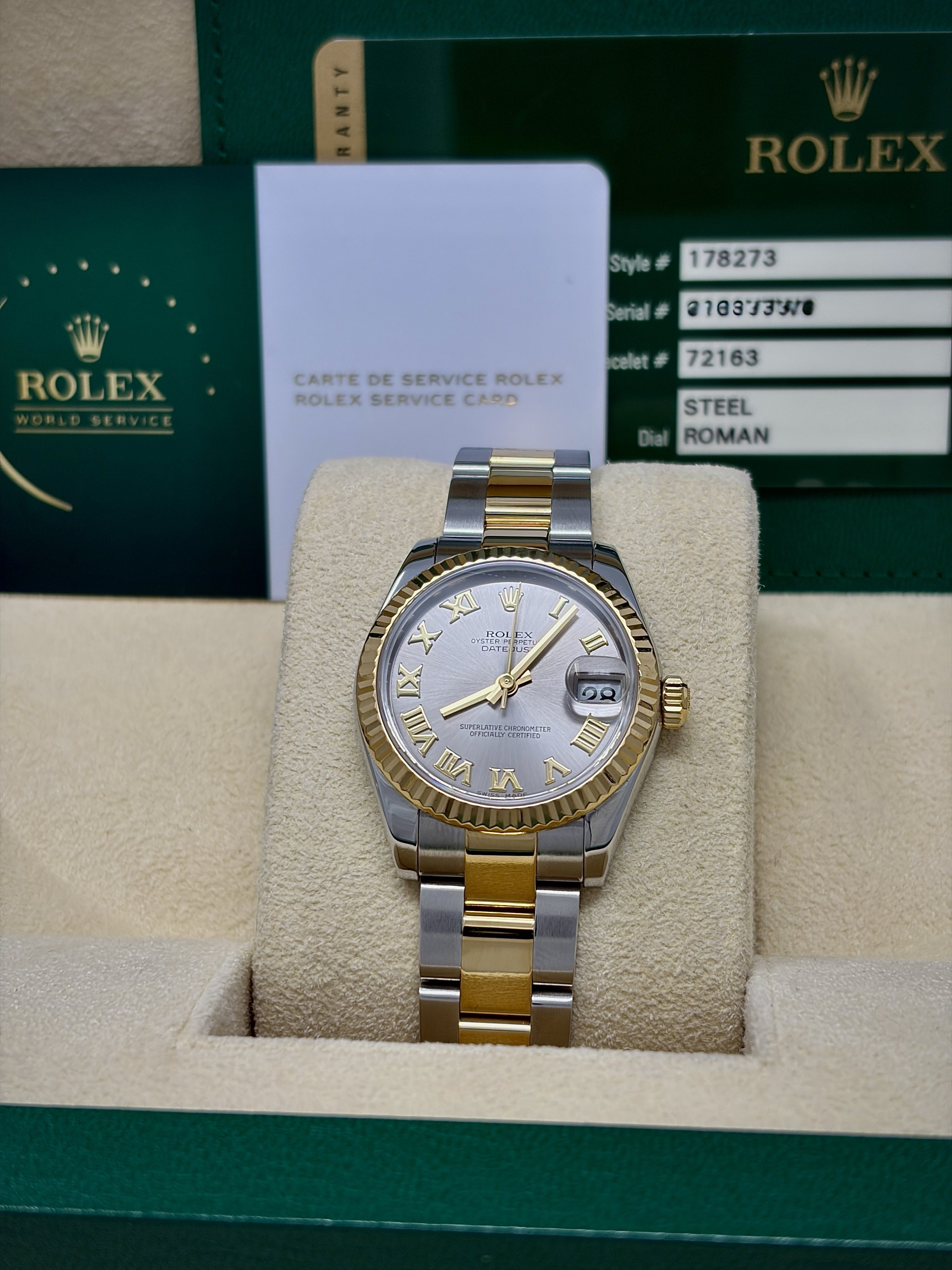 ROLEX DATEJUST 31 TWO-TONE SILVER ROMAN DIAL FLUTED BEZEL OYSTER BRACELET 178273