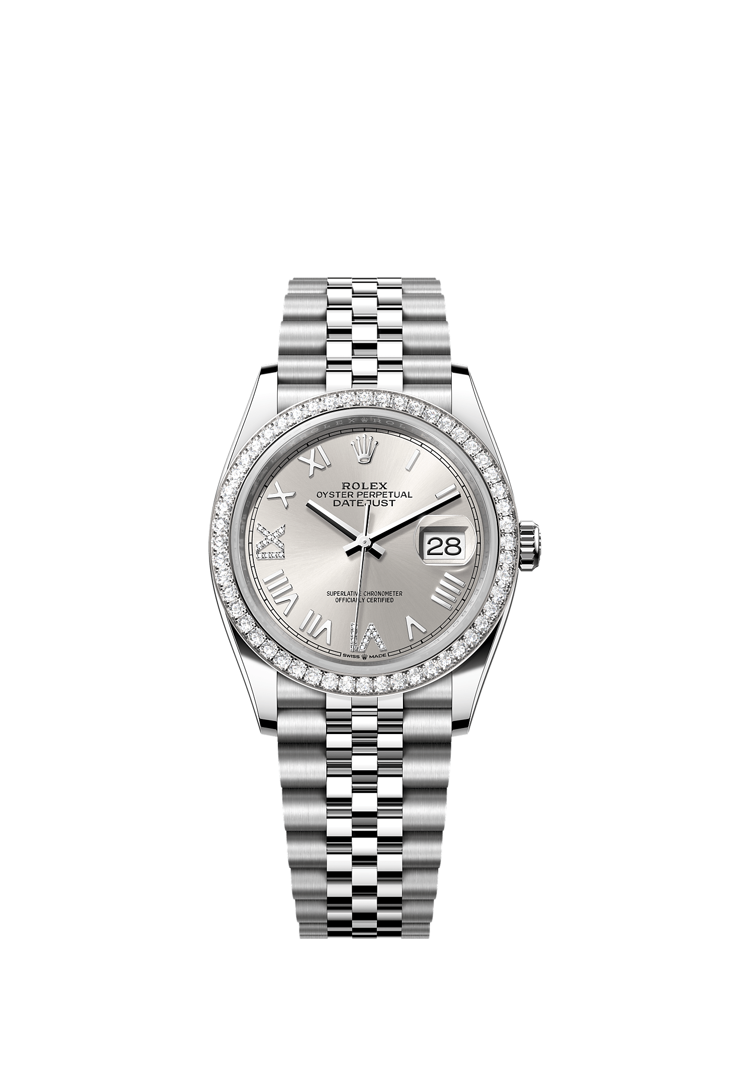 ROLEX DATEJUST 36 SILVER ROMAN DIAMOND DIAL DIAMOND BEZEL JUBILEE BRACELET 126284RBR