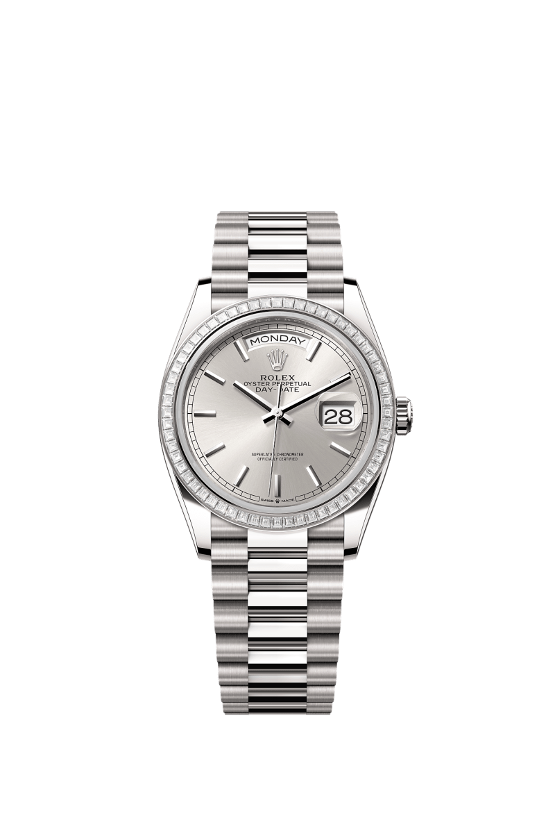 ROLEX DAY-DATE 36MM WHITE GOLD SILVER INDEX DIAL TRAPEZE DIAMOND BEZEL PRESIDENT BRACELET 128399TBR