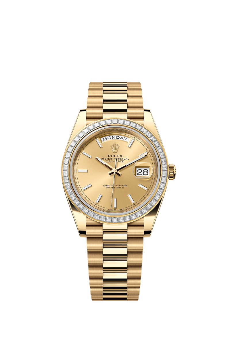 ROLEX DAY-DATE 40MM YELLOW GOLD CHAMPAGNE INDEX DIAL TRAPEZE DIAMOND BEZEL PRESIDENT BRACELET 228398TBR