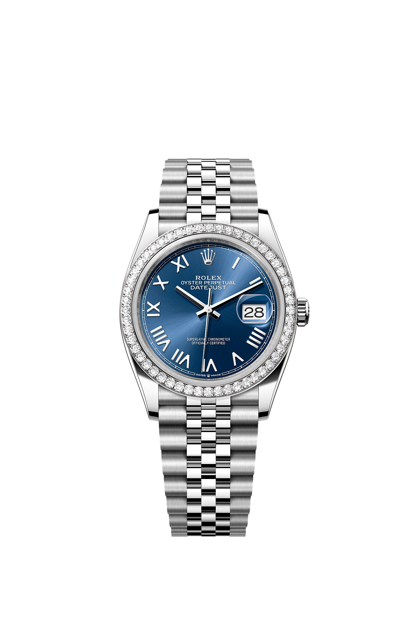 ROLEX DATEJUST 36 BLUE ROMAN DIAL DIAMOND BEZEL JUBILEE BRACELET 126284RBR