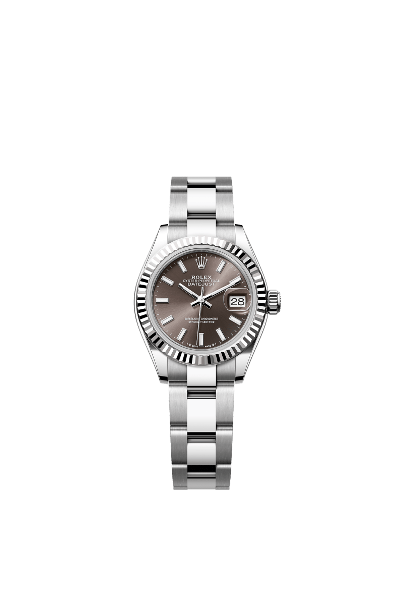 ROLEX LADY-DATEJUST 28MM DARK GREY INDEX DIAL FLUTED BEZEL OYSTER BRACELET 279174