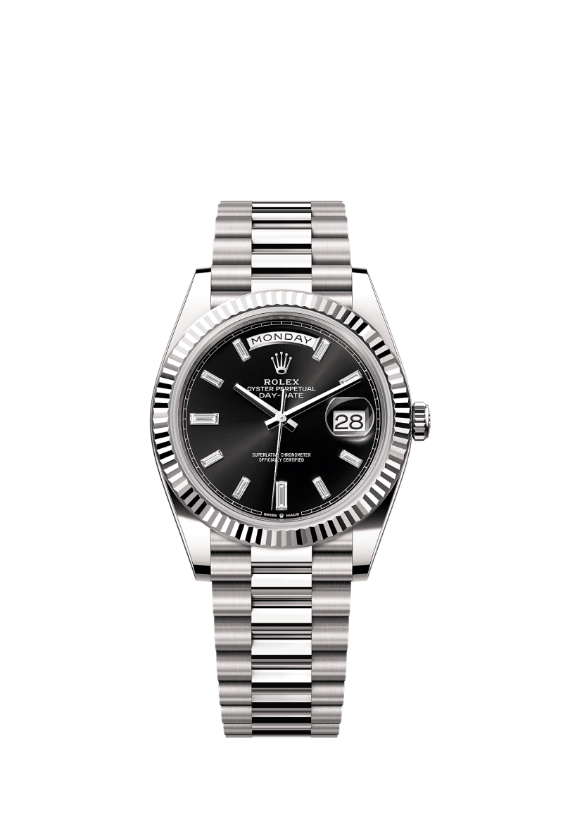 ROLEX DAY-DATE 40MM WHITE GOLD BLACK DIAMOND BAGUETTE DIAL FLUTED BEZEL PRESIDENT BRACELET 228239