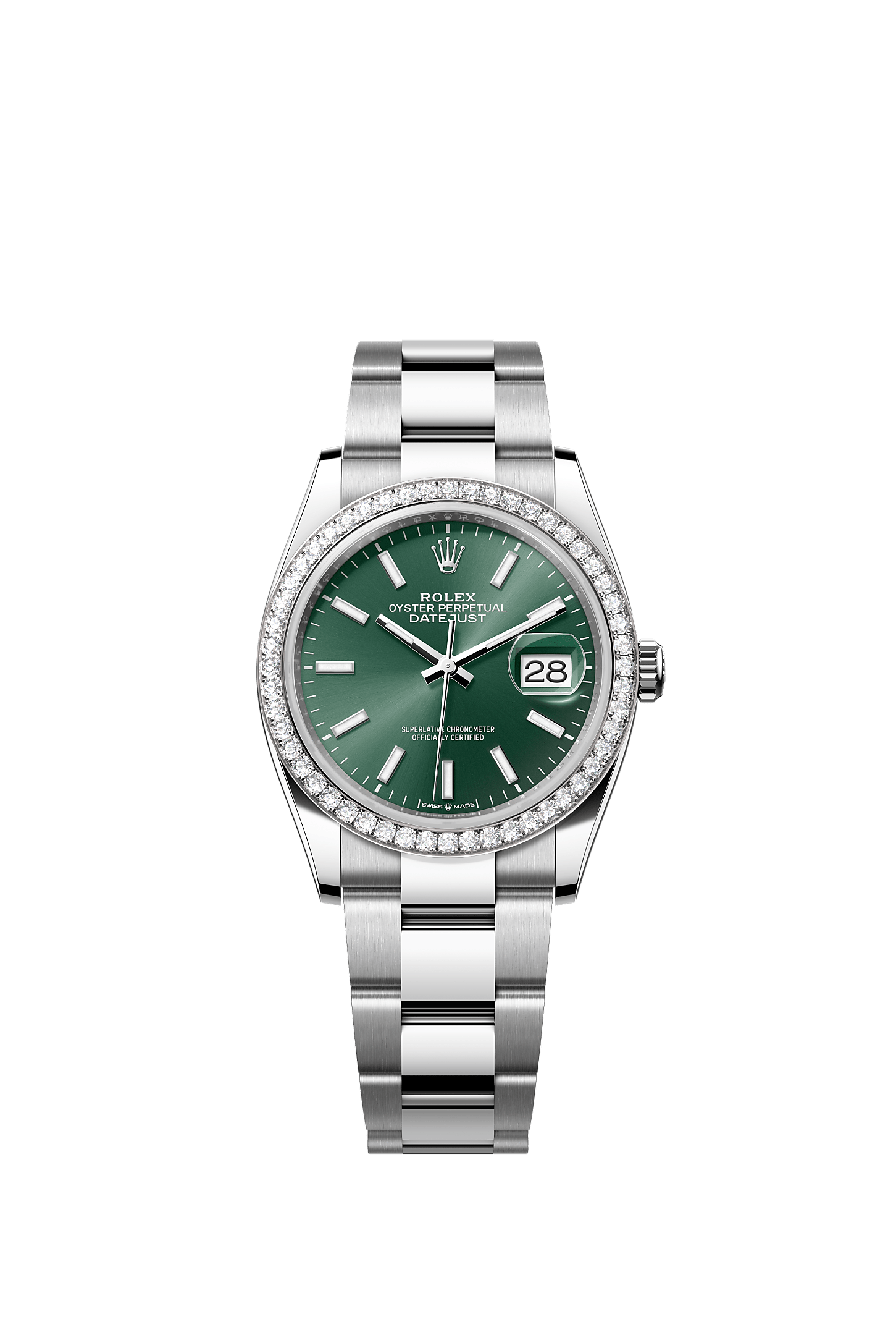 ROLEX DATEJUST 36MM MINT GREEN INDEX DIAL DIAMOND BEZEL OYSTER BRACELET 126284RBR