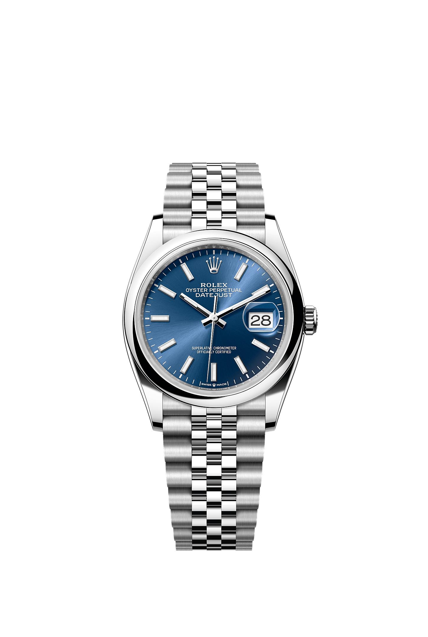 ROLEX DATEJUST 36MM BLUE INDEX DIAL SMOOTH BEZEL JUBILEE BRACELET 126200