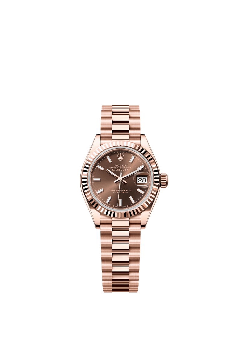 ROLEX LADY-DATEJUST 28MM EVEROSE GOLD CHOCOLATE INDEX DIAL FLUTED BEZEL PRESIDENT BRACELET 279175
