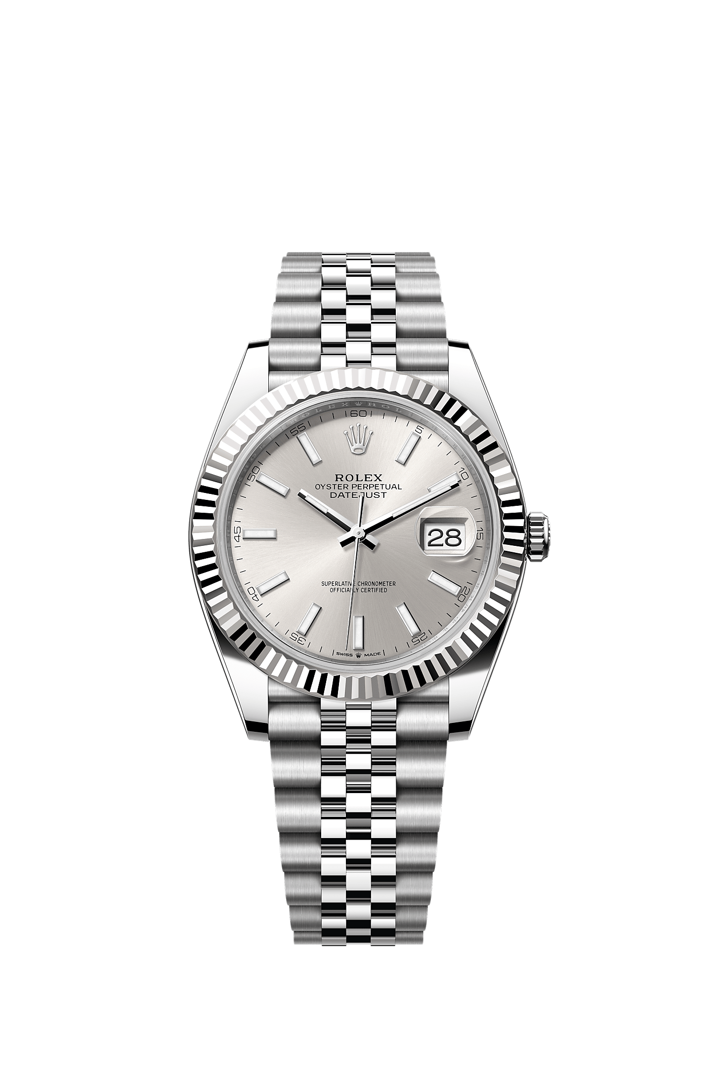 ROLEX DATEJUST 41MM SILVER INDEX DIAL FLUTED BEZEL JUBILEE BRACELET 126334