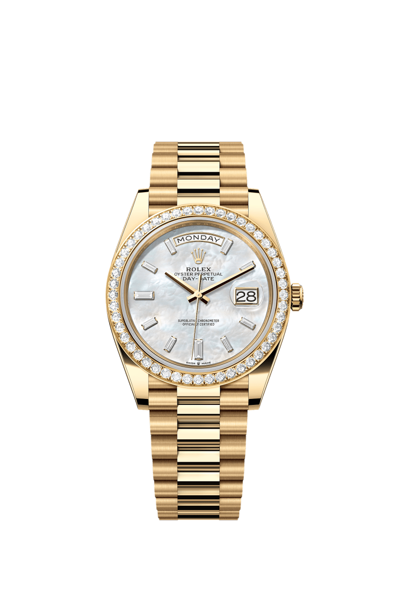 ROLEX DAY-DATE 40MM YELLOW GOLD PRESIDENT DAY DATE 40MM MOTHER OF PEARL DIAMOND BAGUETTE DIAL DIAMOND BEZEL PRESIDENT BRACELET 228348RBR