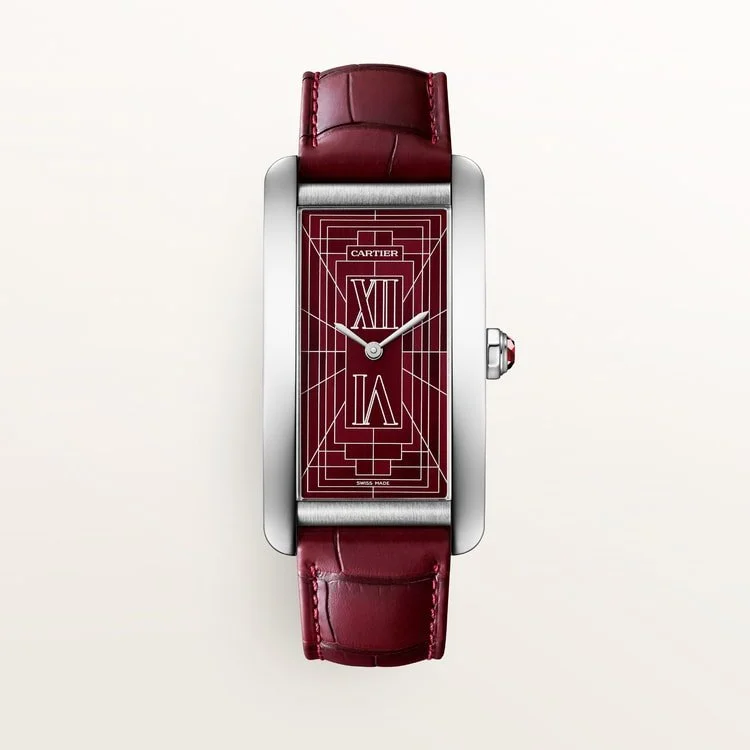 CARTIER TANK AMERICAINE PLATINUM BURGUNDY DIAL BURGUNDY ALLIGATOR STRAP AUTOMATIC WGTA0371