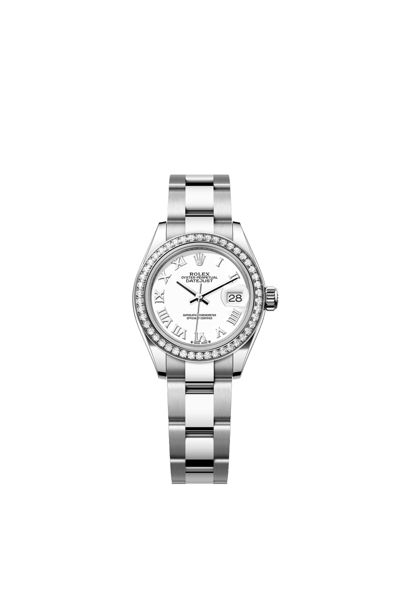 ROLEX LADY-DATEJUST 28MM WHITE ROMAN DIAL DIAMOND-SET BEZEL OYSTER BRACELET 279384RBR