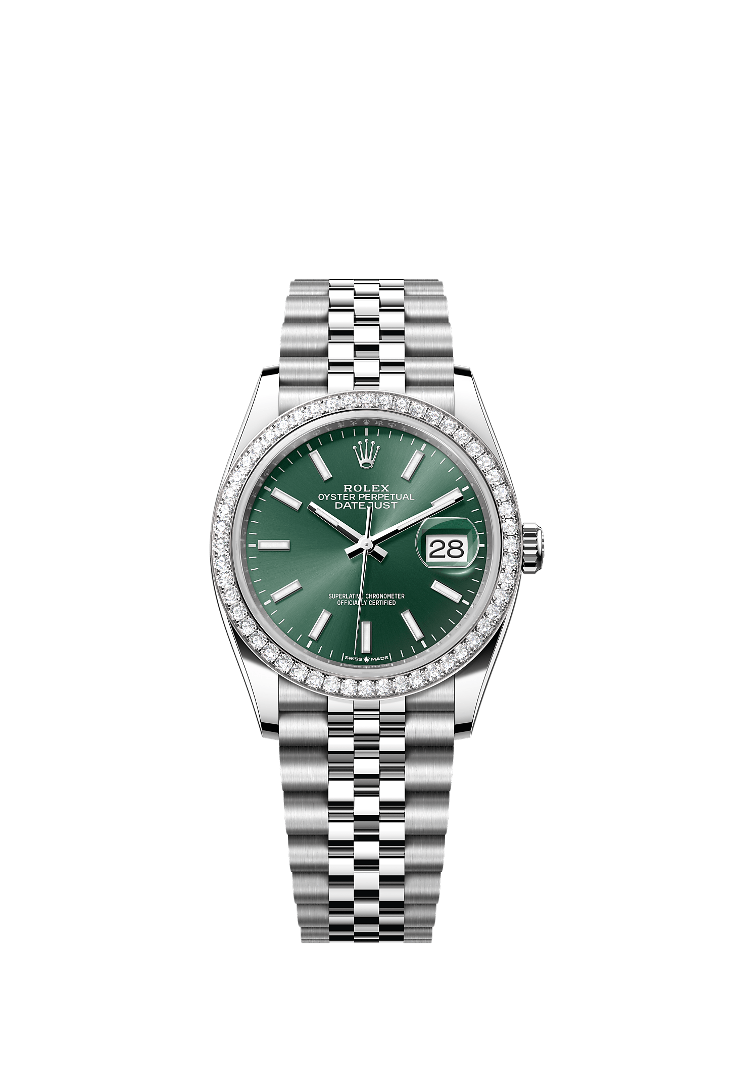 ROLEX DATEJUST 36MM MINT GREEN INDEX DIAL DIAMOND BEZEL JUBILEE BRACELET 126284RBR