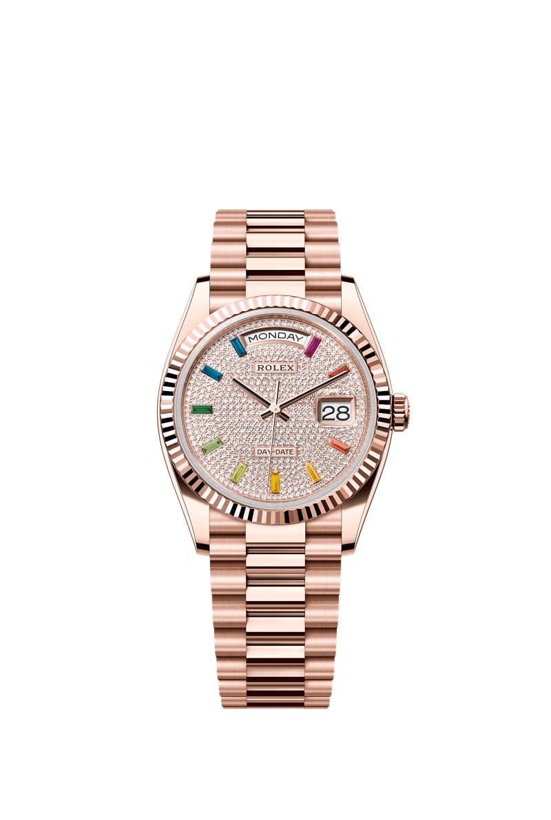 ROLEX DAY-DATE 36MM EVEROSE GOLD RAINBOW DIAMOND PAVE DIAL FLUTED BEZEL PRESIDENT BRACELET 128235