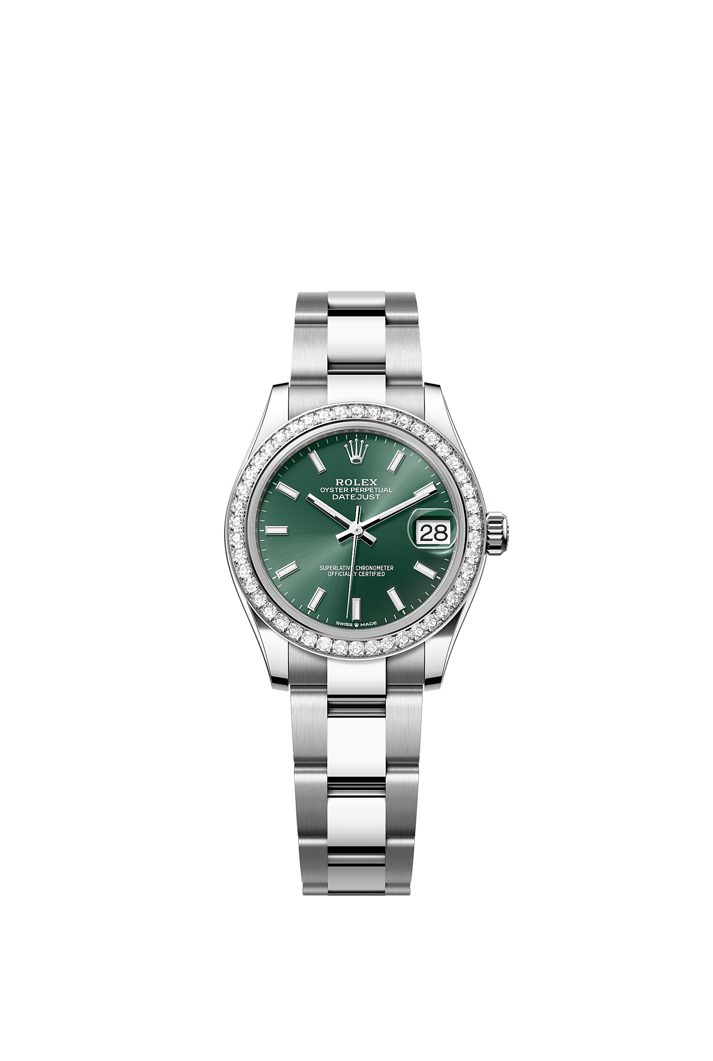 ROLEX LADY-DATEJUST 31MM GREEN INDEX DIAL DIAMOND BEZEL OYSTER BRACELET 278384RBR