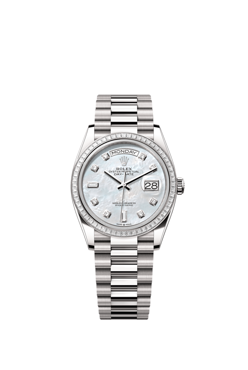 ROLEX DAY-DATE 36MM WHITE GOLD MOTHER OF PEARL DIAMOND DIAL TRAPEZE DIAMOND BEZEL PRESIDENT BRACELET 128399TBR