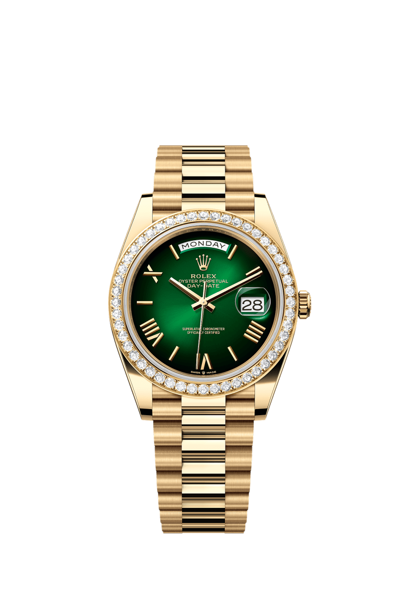 ROLEX DAY-DATE 40MM YELLOW GOLD GREEN OMBRE DIAL DIAMOND BEZEL PRESIDENT BRACELET 228348RBR