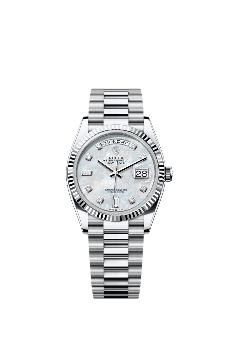 ROLEX DAY-DATE 36MM PLATINUM MOTHER OF PEARL DIAMOND DIAL FLUTED BEZEL PRESIDENT BRACELET 128236