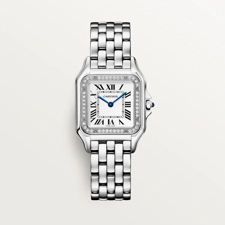 CARTIER PANTHÈRE DE CARTIER MEDIUM STAINLESS STEEL SILVERED ROMAN DIAL DIAMOND BEZEL W4PN0018