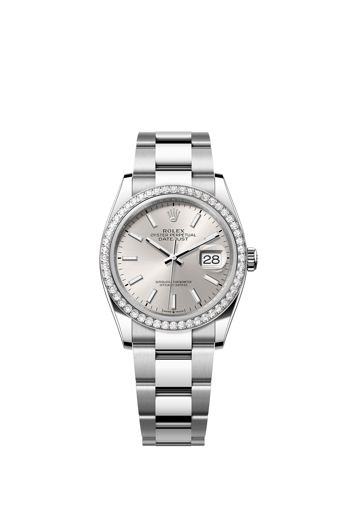 ROLEX DATEJUST 36MM SILVER INDEX DIAL DIAMOND BEZEL OYSTER BRACELET 126284RBR