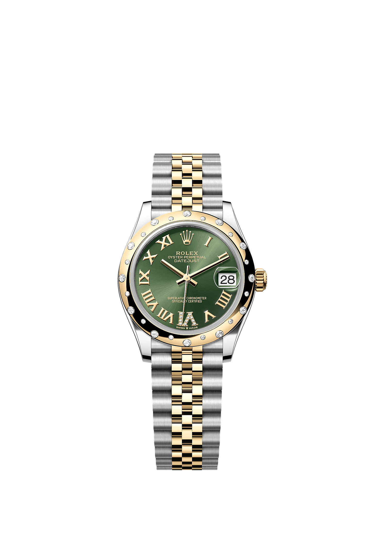 ROLEX LADY-DATEJUST 31MM TWO-TONE YELLOW GOLD GREEN ROMAN DIAMOND DIAL DIAMOND DOMED BEZEL JUBILEE BRACELET 278343RBR