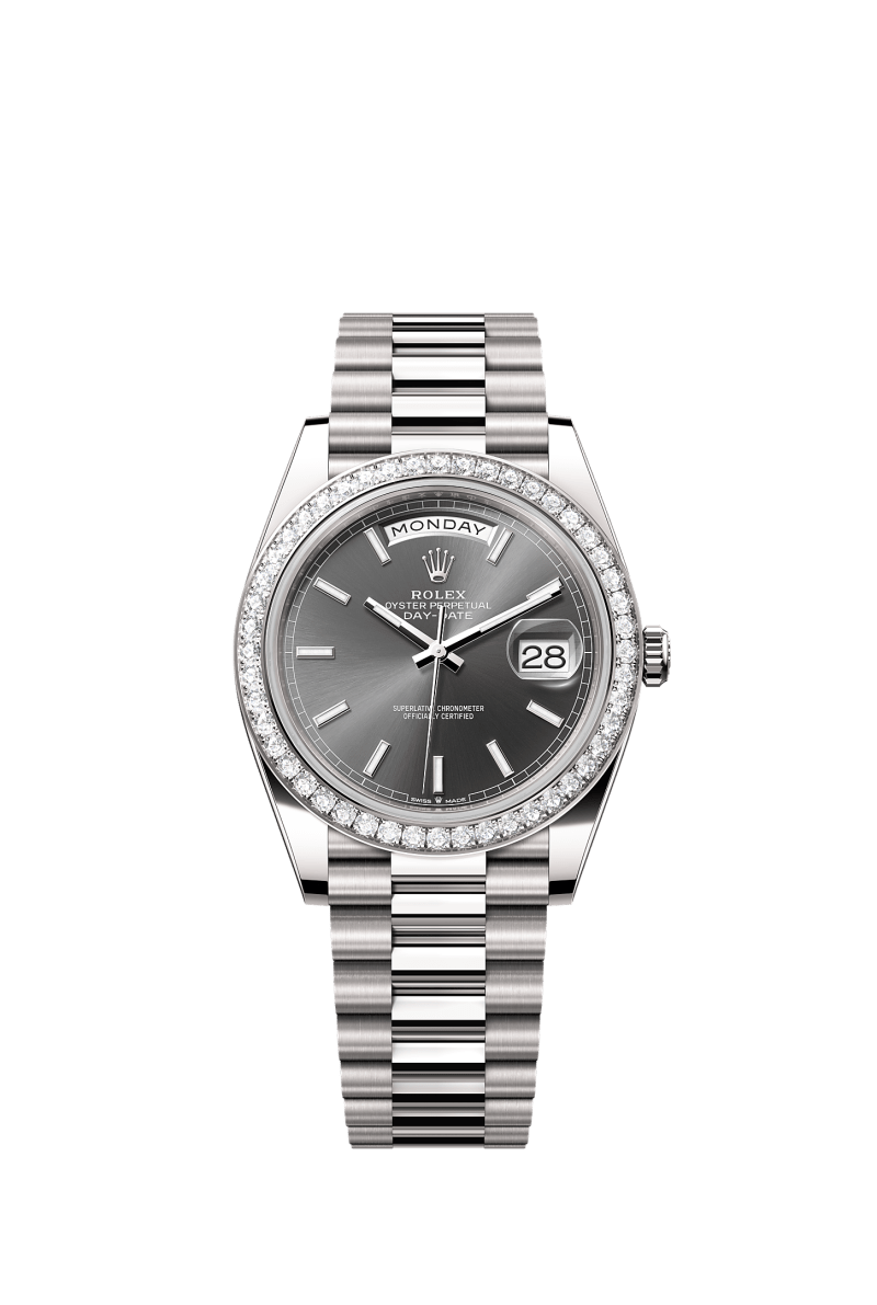 ROLEX DAY-DATE 40MM WHITE GOLD RHODIUM INDEX DIAL DIAMOND BEZEL PRESIDENT BRACELET 228349RBR