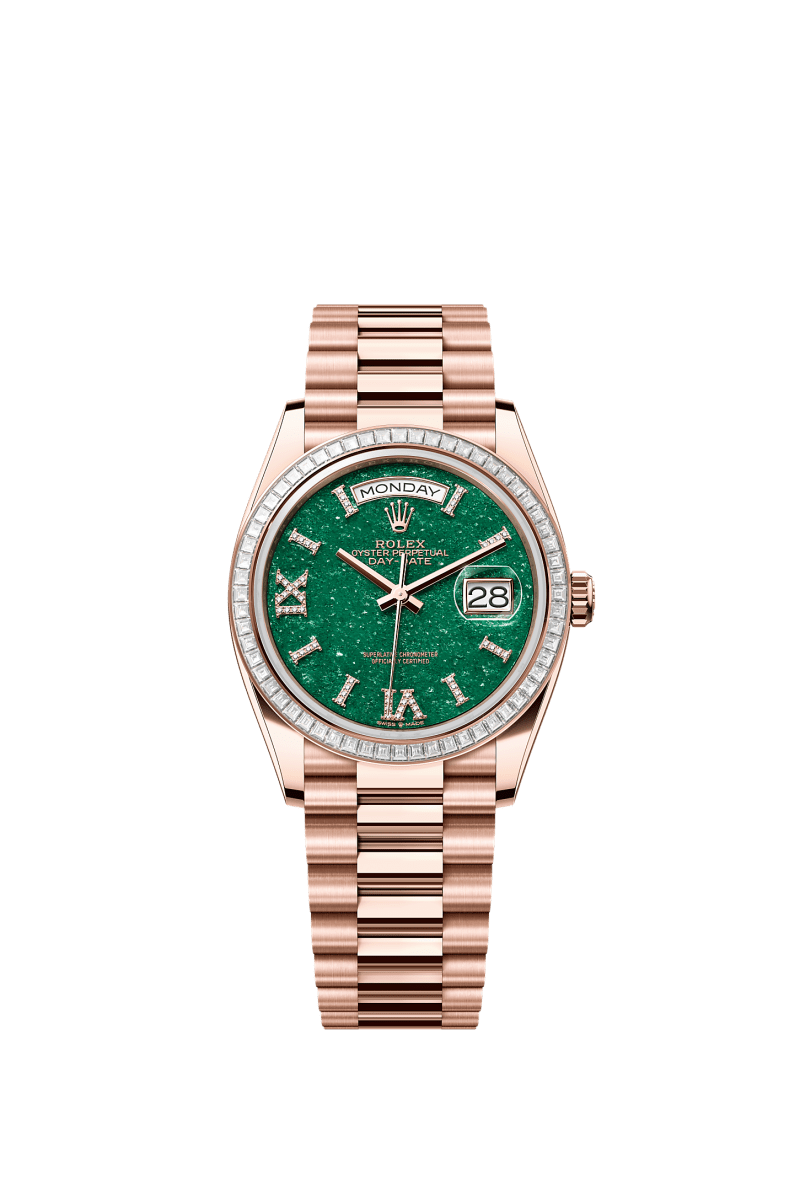 ROLEX DAY-DATE 36MM EVEROSE GOLD GREEN AVENTURINE ROMAN DIAMOND DIAL TRAPEZE DIAMOND BEZEL PRESIDENT BRACELET 128395TBR
