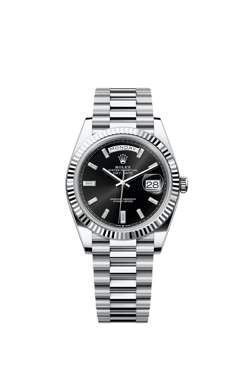 ROLEX DAY-DATE 40MM PLATINUM BLACK DIAMOND BAGUETTE DIAL FLUTED BEZEL PRESIDENT BRACELET 228236