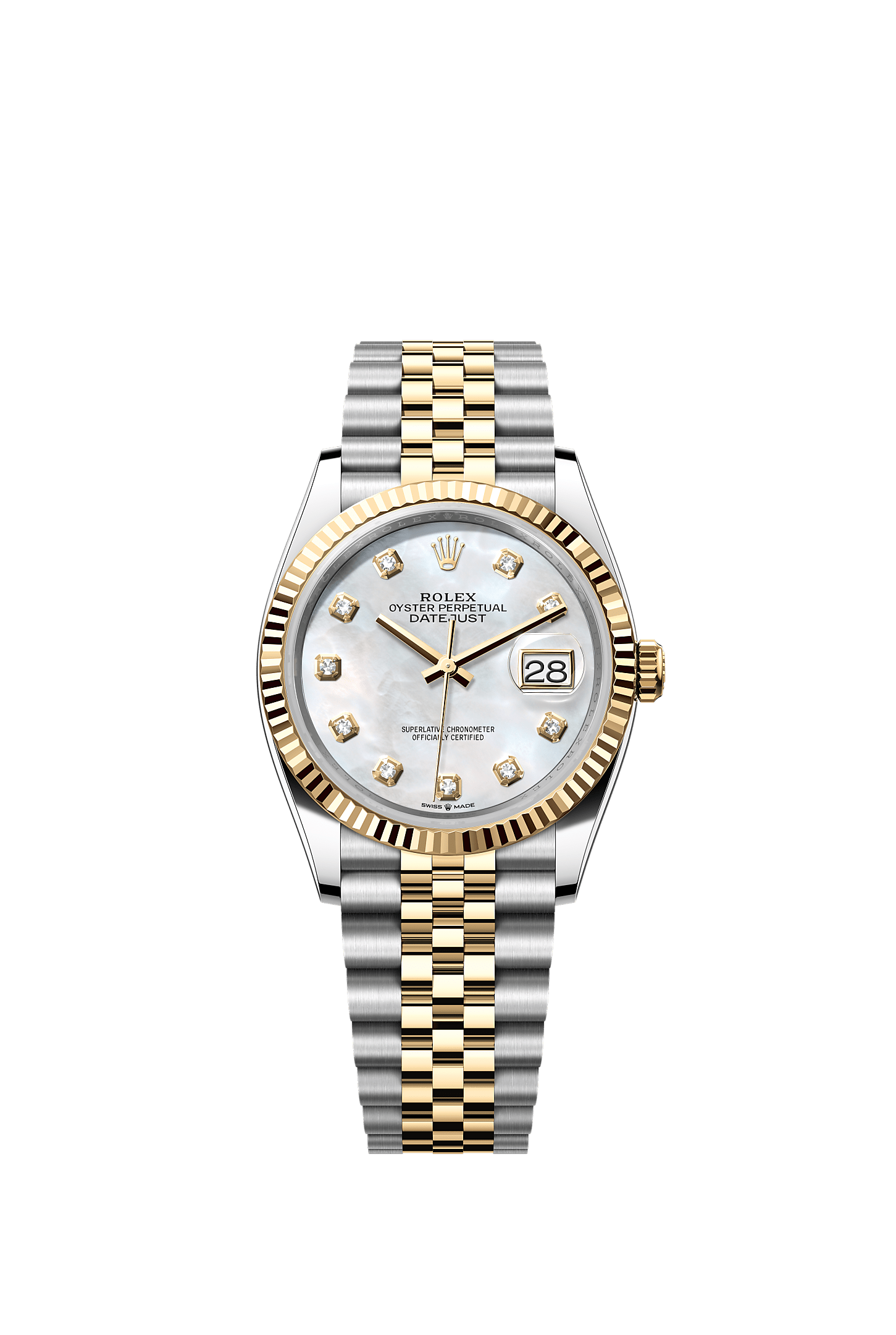 ROLEX DATEJUST 36MM TWO-TONE YELLOW GOLD MOTHER OF PEARL DIAMOND DIAL FLUTED BEZEL JUBILEE BRACELET 126233