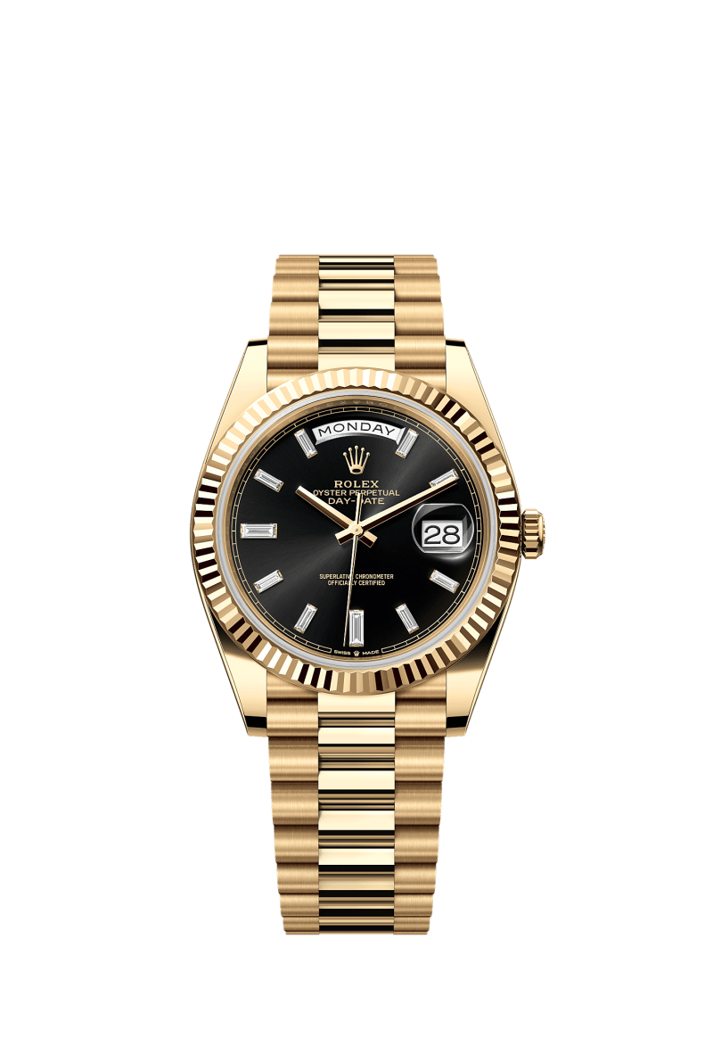 ROLEX DAY-DATE 40MM YELLOW GOLD BLACK DIAMOND BAGUETTE DIAL FLUTED BEZEL PRESIDENT BRACELET 228238