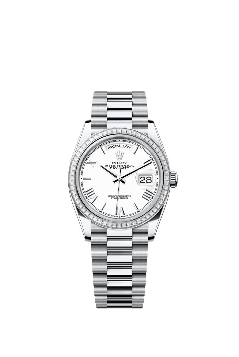 ROLEX DAY-DATE 36MM PLATINUM WHITE ROMAN DIAL TRAPEZE DIAMOND BEZEL PRESIDENT BRACELET 128396TBR