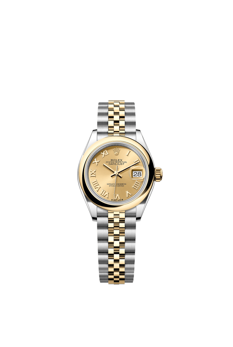 ROLEX LADY-DATEJUST 28MM TWO-TONE YELLOW GOLD CHAMPAGNE ROMAN DIAL DOMED BEZEL JUBILEE BRACELET 279163