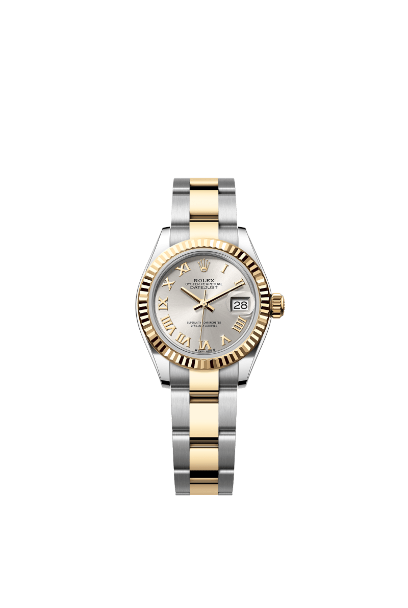 ROLEX LADY-DATEJUST 28MM TWO-TONE YELLOW GOLD SILVER ROMAN DIAL FLUTED BEZEL OYSTER BRACELET 279173