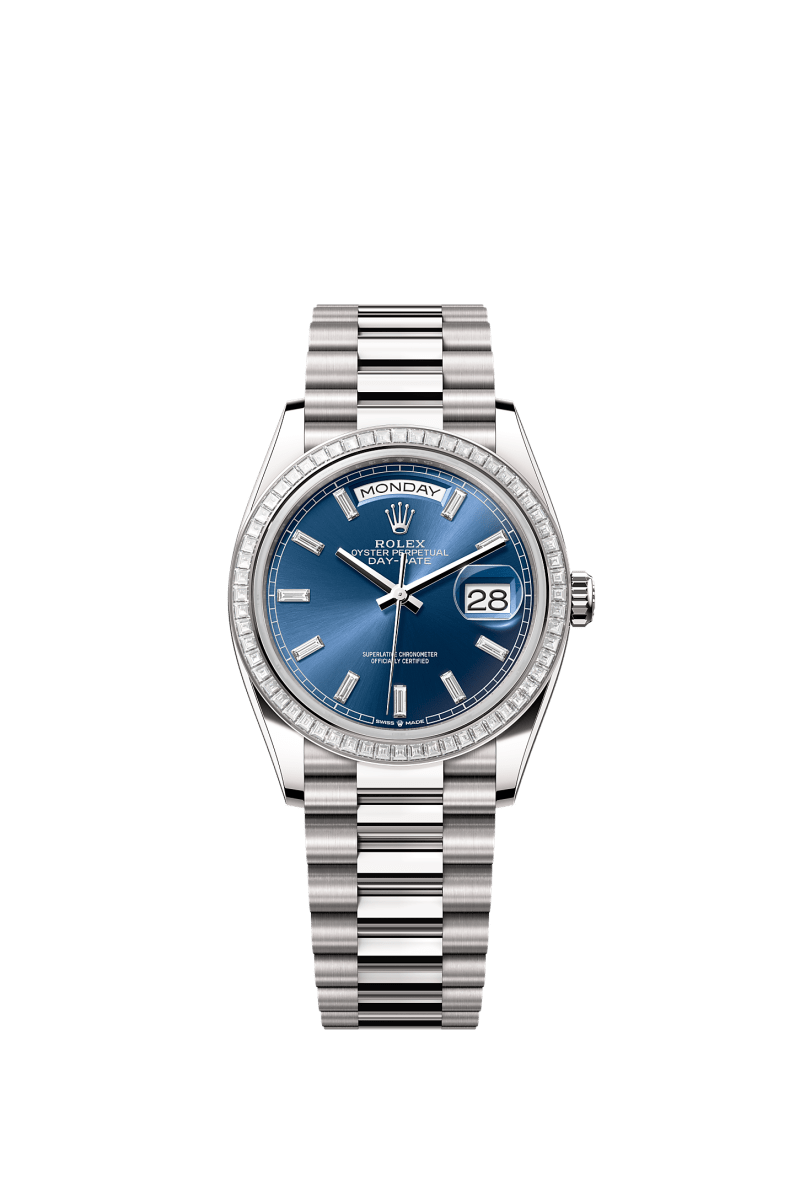 ROLEX DAY-DATE 36MM WHITE GOLD BLUE DIAMOND BAGUETTE DIAL TRAPEZE DIAMOND BEZEL PRESIDENT BRACELET 128399TBR