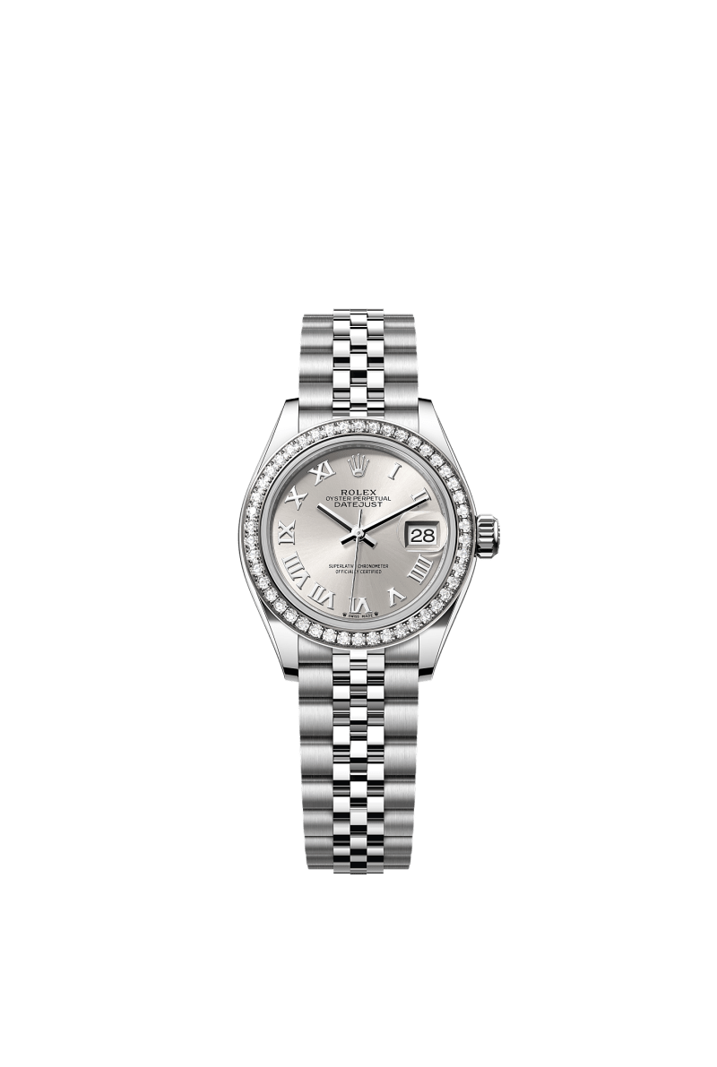 ROLEX LADY-DATEJUST 28MM SILVER ROMAN DIAL DIAMOND-SET BEZEL JUBILEE BRACELET 279384RBR