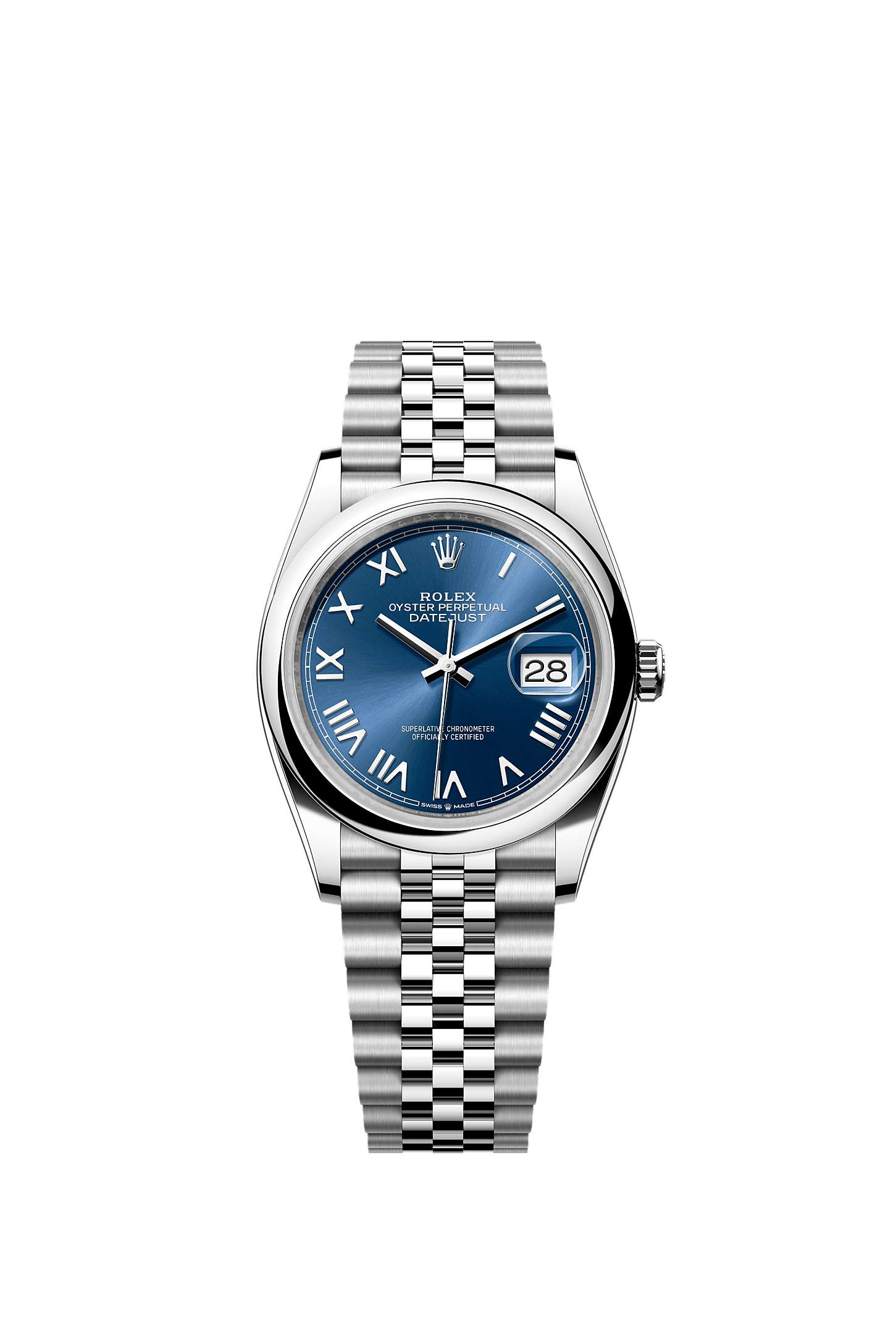 ROLEX DATEJUST 36MM BLUE ROMAN DIAL SMOOTH BEZEL JUBILEE BRACELET 126200