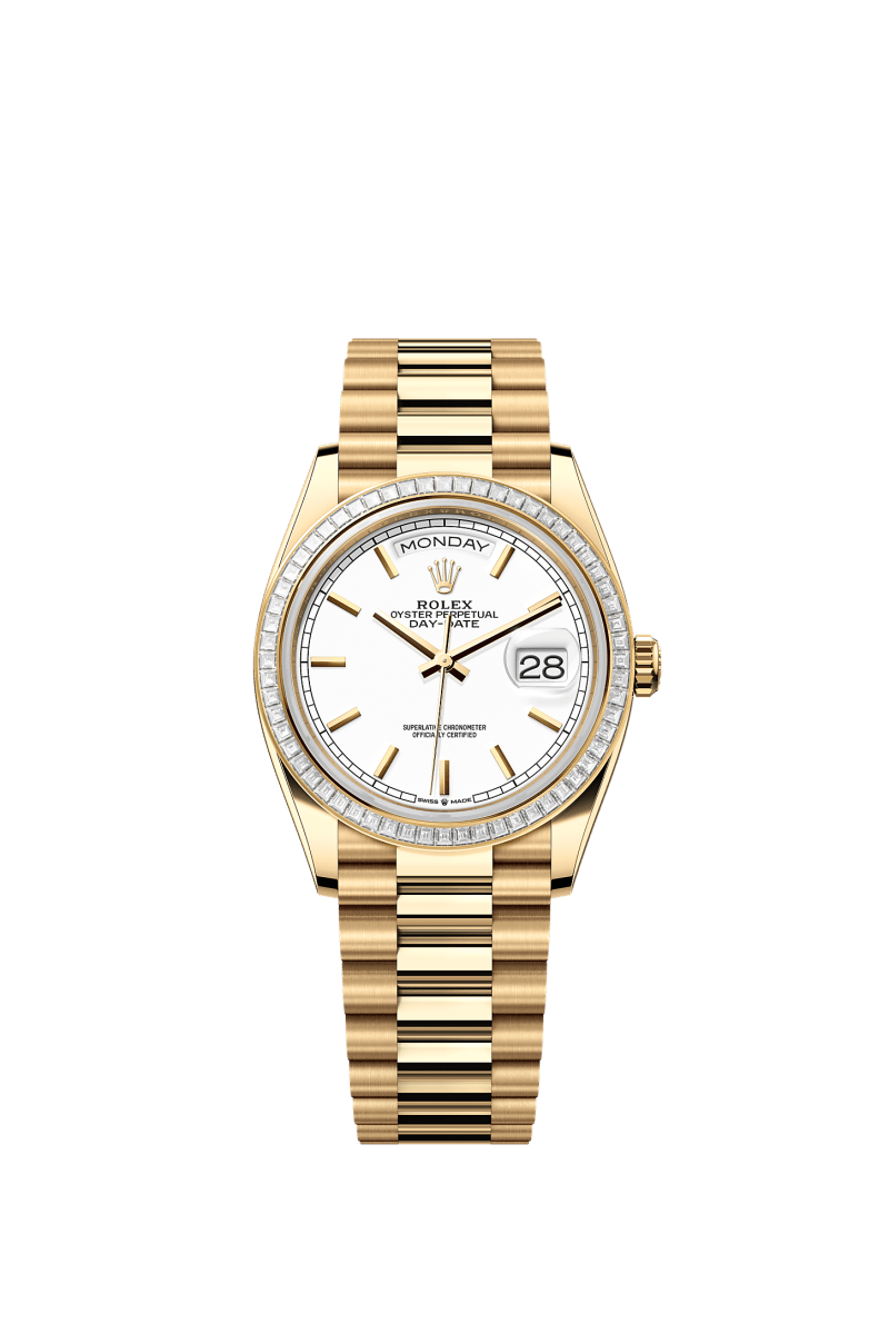 ROLEX DAY-DATE 36MM YELLOW GOLD WHITE INDEX DIAL TRAPEZE DIAMOND BEZEL PRESIDENT BRACELET 128398TBR