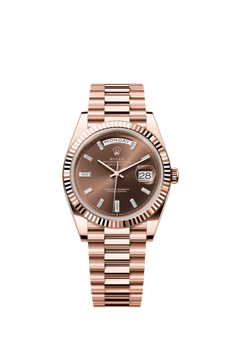 ROLEX DAY-DATE 40MM EVEROSE GOLD CHOCOLATE DIAMOND BAGUETTE DIAL FLUTED BEZEL PRESIDENT BRACELET 228235