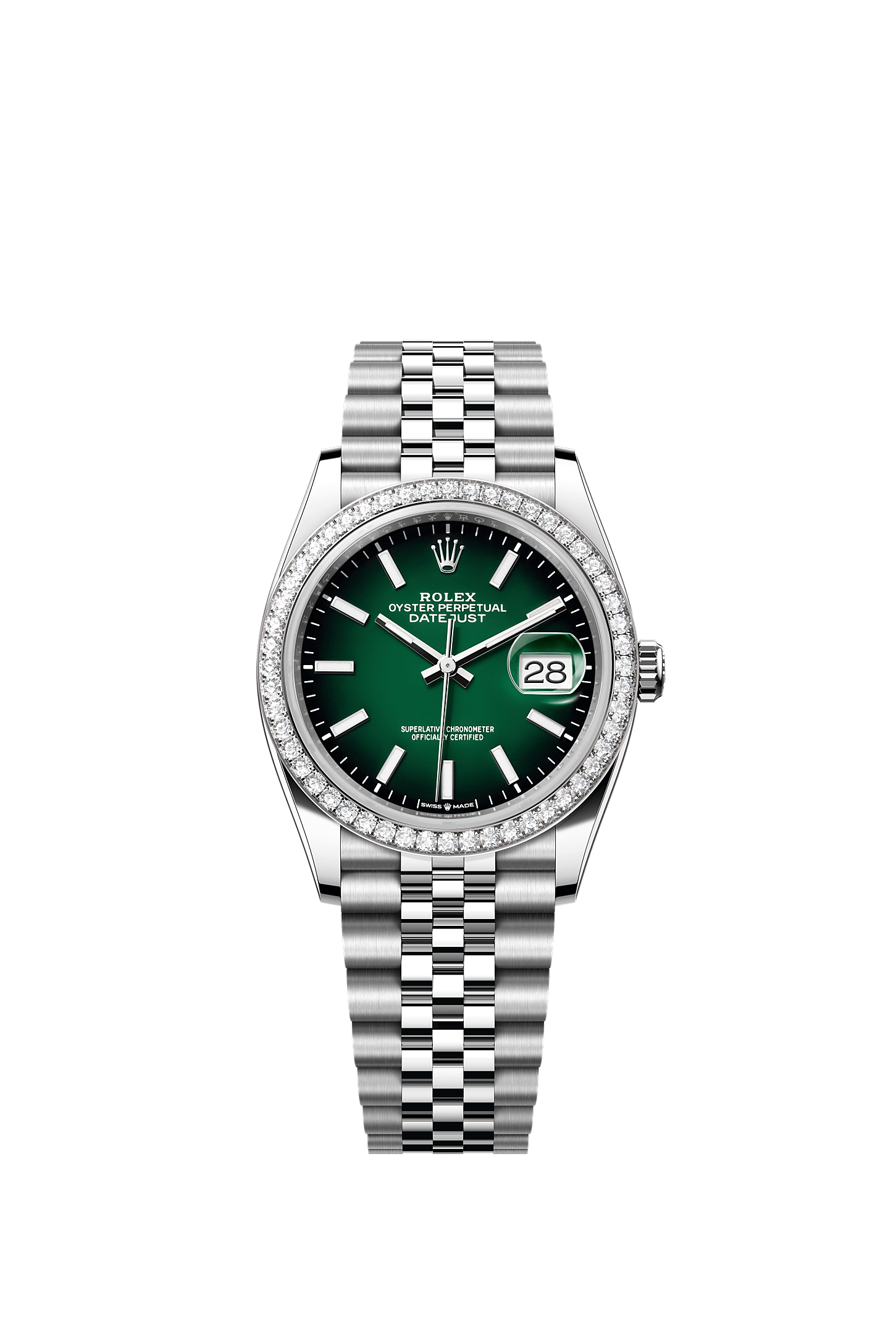ROLEX DATEJUST 36MM GREEN OMBRE INDEX DIAL DIAMOND BEZEL JUBILEE BRACELET 126284RBR