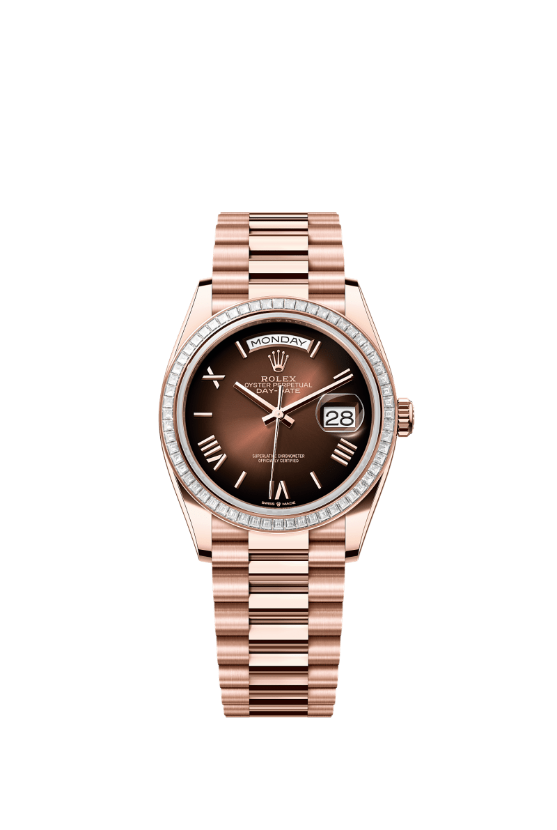 ROLEX DAY-DATE 36MM EVEROSE GOLD BROWN OMBRE ROMAN DIAL TRAPEZE DIAMOND BEZEL PRESIDENT BRACELET 128395TBR