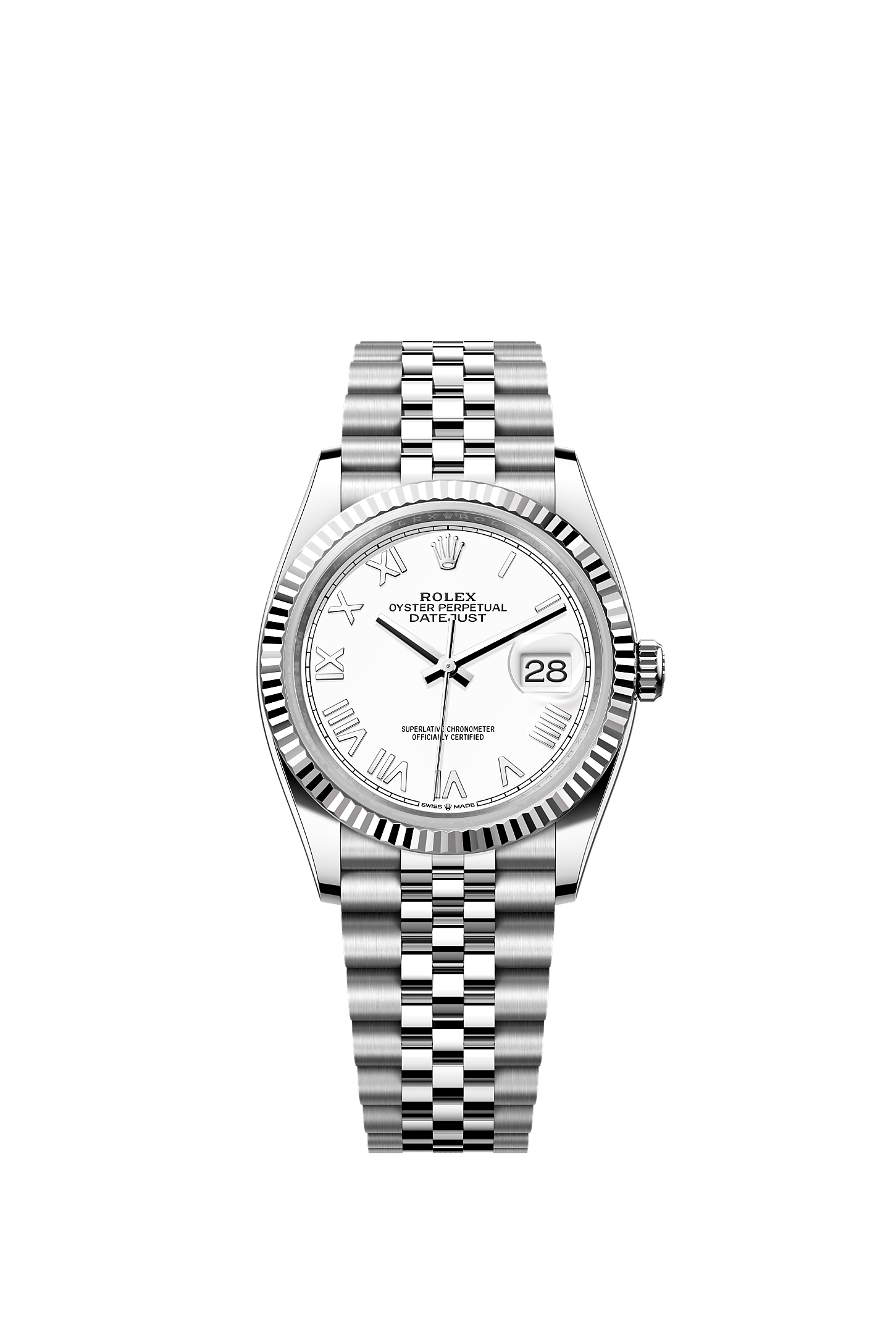 ROLEX DATEJUST 36 WHITE ROMAN DIAL FLUTED BEZEL JUBILEE BRACELET 126234