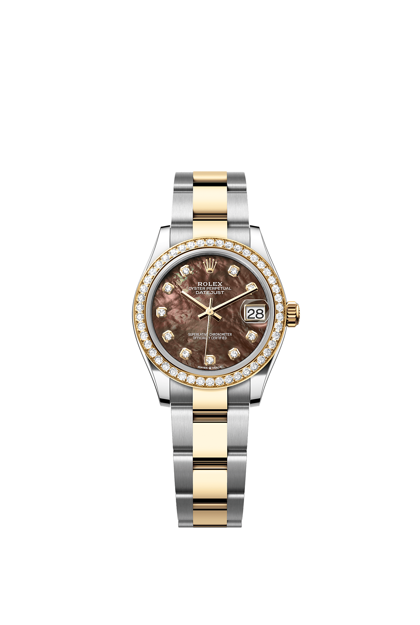 ROLEX LADY-DATEJUST 31MM TWO-TONE YELLOW GOLD BLACK MOTHER OF PEARL DIAL DIAMOND BEZEL OYSTER BRACELET 278383RBR