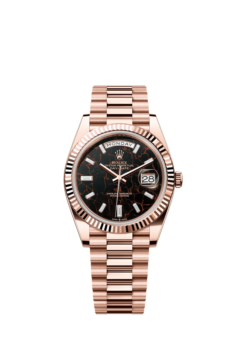 ROLEX DAY-DATE 40MM EVEROSE GOLD EISENKIESEL DIAMOND BAGUETTE DIAL FLUTED BEZEL PRESIDENT BRACELET 228235