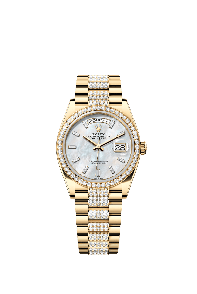 ROLEX DAY-DATE 36MM YELLOW GOLD MOTHER OF PEARL DIAMOND BAGUETTE DIAL DIAMOND BEZEL DIAMOND-SET PRESIDENT BRACELET 128348RBR