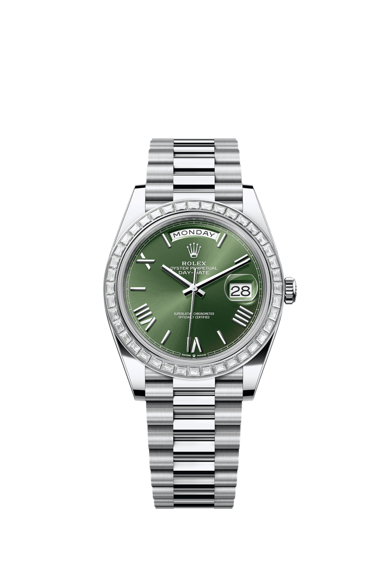 ROLEX DAY-DATE 40MM PLATINUM GREEN OLIVE ROMAN DIAL TRAPEZE DIAMOND BEZEL PRESIDENT BRACELET 228396TBR